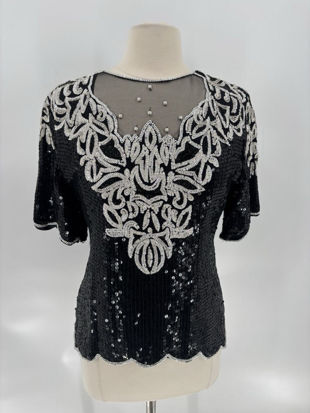 Vintage Stenay Blouse Womens Medium Black White 100% Silk Sequins Beaded Lined